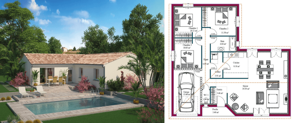 plan de construction d'une maison en L